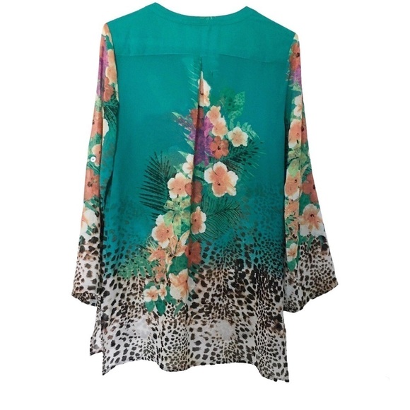 Soft Surroundings Tunic Top Teal Tropical Mixed Print - Picture 2 of 4